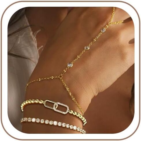 Hand Chain Bracelets Trendy CZ Finger Ring Chain Bracelet Gold Plated Slave Bracelets Stackable Hand Jewelry for Women in Saudi Arabia