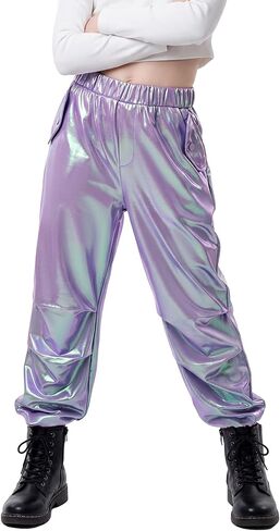 Stelle Girls Metallic Cargo Pants Shiny Hip Hop Dance Joggers Sparkly Stretchy Wide Leg Street Pants for Kids 4-15 Years in Saudi Arabia