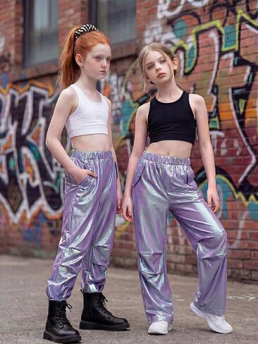 Stelle Girls Metallic Cargo Pants Shiny Hip Hop Dance Joggers Sparkly Stretchy Wide Leg Street Pants for Kids 4-15 Years in Saudi Arabia