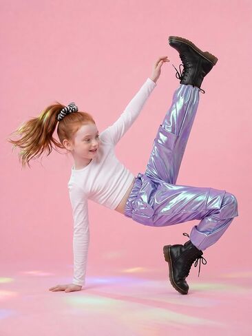 Stelle Girls Metallic Cargo Pants Shiny Hip Hop Dance Joggers Sparkly Stretchy Wide Leg Street Pants for Kids 4-15 Years in Saudi Arabia