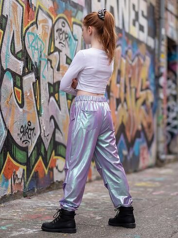 Stelle Girls Metallic Cargo Pants Shiny Hip Hop Dance Joggers Sparkly Stretchy Wide Leg Street Pants for Kids 4-15 Years in Saudi Arabia