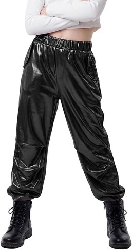 Stelle Girls Metallic Cargo Pants Shiny Hip Hop Dance Joggers Sparkly Stretchy Wide Leg Street Pants for Kids 4-15 Years in Saudi Arabia