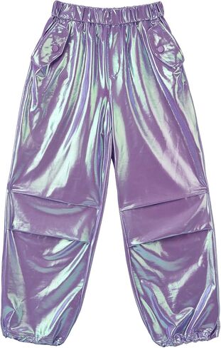 Stelle Girls Metallic Cargo Pants Shiny Hip Hop Dance Joggers Sparkly Stretchy Wide Leg Street Pants for Kids 4-15 Years in Saudi Arabia