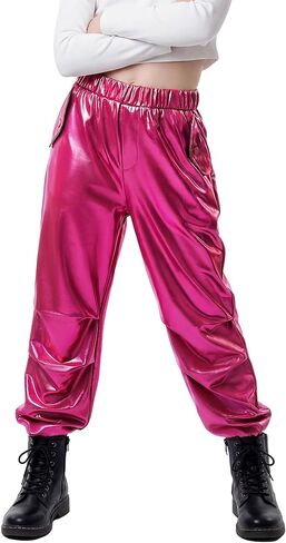 Stelle Girls Metallic Cargo Pants Shiny Hip Hop Dance Joggers Sparkly Stretchy Wide Leg Street Pants for Kids 4-15 Years in Saudi Arabia
