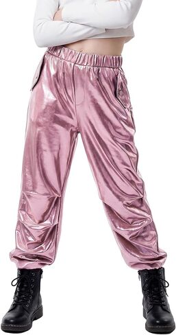 Stelle Girls Metallic Cargo Pants Shiny Hip Hop Dance Joggers Sparkly Stretchy Wide Leg Street Pants for Kids 4-15 Years in Saudi Arabia