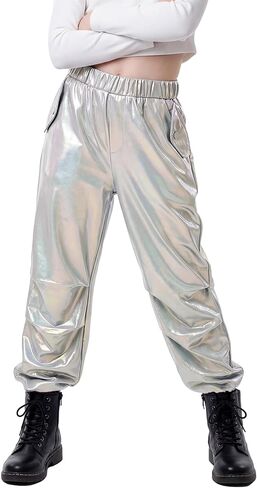 Stelle Girls Metallic Cargo Pants Shiny Hip Hop Dance Joggers Sparkly Stretchy Wide Leg Street Pants for Kids 4-15 Years in Saudi Arabia
