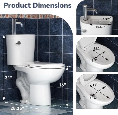 SUPERFLO Elongated Toilet with Sink, Faucet Toilets with Rough in 12 Inch & 1.28 GPF Single Flush, Modern Tall Toilet for Small Bathrooms (Include Faucet) in Saudi Arabia