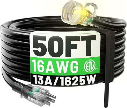 POWGRN 150FT 16 3 سلك تمديد خارجي مقاوم للماء، سلك تمديد مرن 3 شقوق مقاوم للطقس البارد، 10 أمبير 1250 وات، أسود ETL in Kuwait