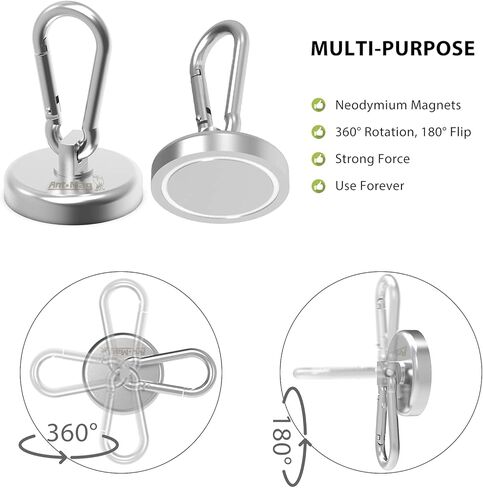 Ant Mag Magnet Hooks Heavy Duty 160LBS Neodymium Magnet with Swivel Carabiner Snap Hook for Indoor/Outdoor Hanging Bag Kitchen Garage Cruise Ship (2 Pack) in Saudi Arabia
