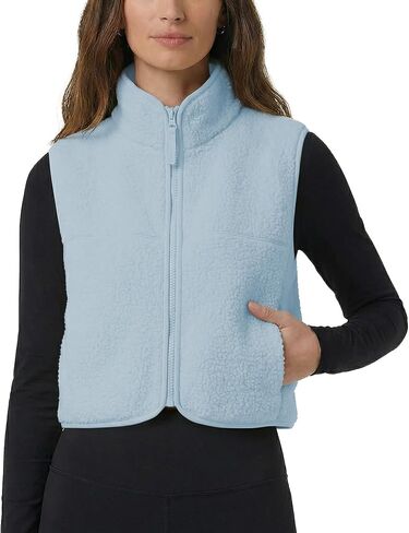 Cropped Fleece Vest Women Zip Up Stand Collar Warm Sherpa Vest Fall Cute Sleeveless Fleece Waistcoat with Pocket in Saudi Arabia