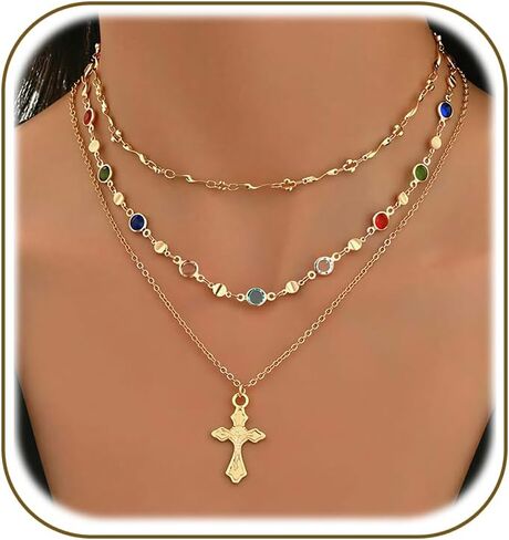 4PCS Layered Gold Cross Necklaces for Women Trendy, Bohemian Bead Pearl Y Long Pendant Necklace Set, Vintage Rosary Necklace Stack Adjustable Length in Saudi Arabia