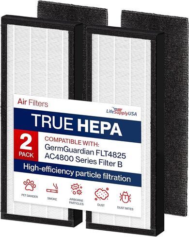 فلتر تبديل True HEPA من LifeSupplyUSA من قطعتين متوافق مع GermGuardian FLT4825 FLT-4850 AC4800 Series Filter B PET، عبوتان، 4.8" x 15 3/4" x 0.2" in Kuwait