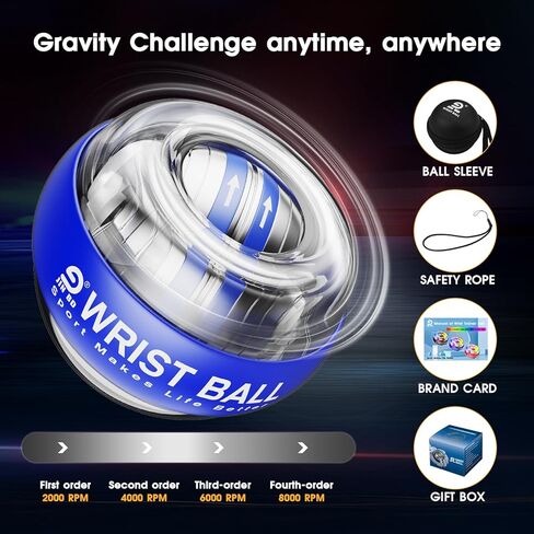 JIN BD Auto-Start Gyro Ball مدرب المعصم، تمرين الساعد الجيروسكوبي لتقوية الأذرع والأصابع والعضلات (أزرق بدون ضوء) in Kuwait