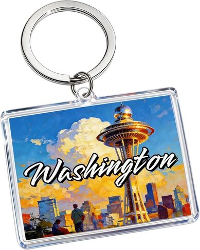 Washington Acrylic Keychain, Rectangular Souvenir with Space Needle Illustration, 1.97 x 1.57 Inches, Lightweight in Saudi Arabia