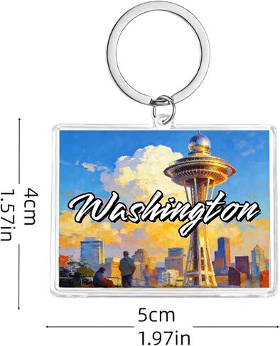 Washington Acrylic Keychain, Rectangular Souvenir with Space Needle Illustration, 1.97 x 1.57 Inches, Lightweight in Saudi Arabia