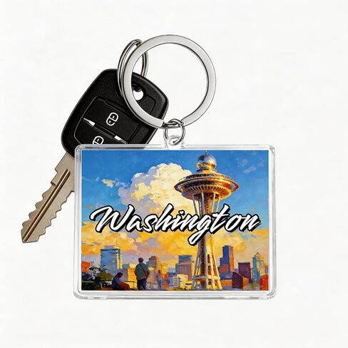 Washington Acrylic Keychain, Rectangular Souvenir with Space Needle Illustration, 1.97 x 1.57 Inches, Lightweight in Saudi Arabia