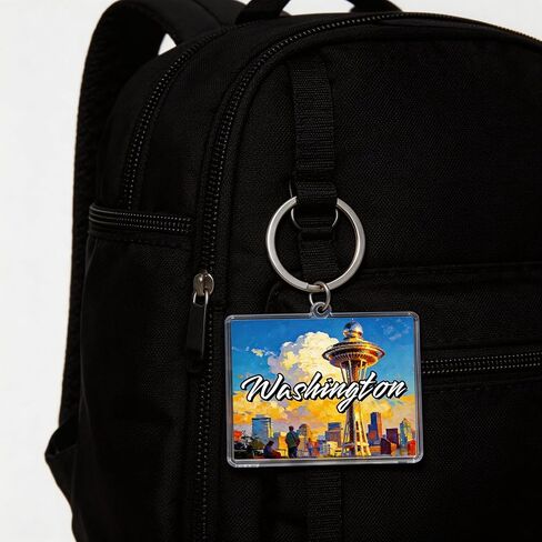 Washington Acrylic Keychain, Rectangular Souvenir with Space Needle Illustration, 1.97 x 1.57 Inches, Lightweight in Saudi Arabia