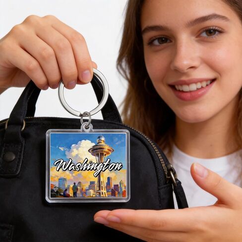 Washington Acrylic Keychain, Rectangular Souvenir with Space Needle Illustration, 1.97 x 1.57 Inches, Lightweight in Saudi Arabia
