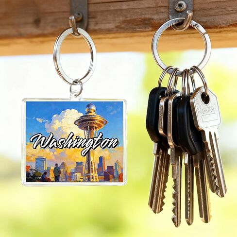 Washington Acrylic Keychain, Rectangular Souvenir with Space Needle Illustration, 1.97 x 1.57 Inches, Lightweight in Saudi Arabia