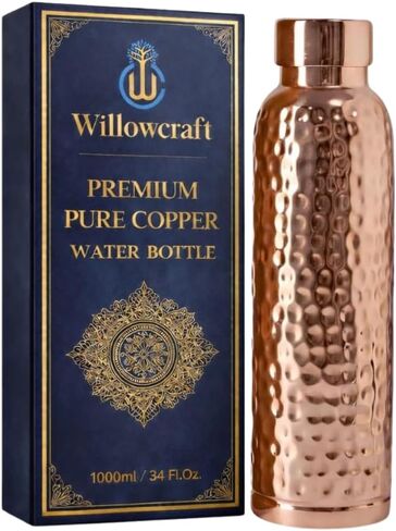 100% Pure Copper Water Bottle for Drinking Water – 34 oz (1000ml) Hammered Finish Leak-Proof Lid | Ayurvedic Copper Vessel for Yoga, Gym, Office & Home in Saudi Arabia