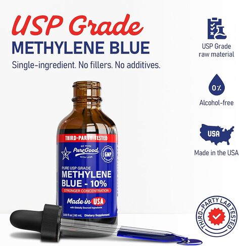 Methylene Blue 10% Liquid – 10 mg per 0.1 mL Serving – 60 mL (2 fl oz) – About 480 Servings – Third-Party Tested – Amber Glass Bottle in Saudi Arabia