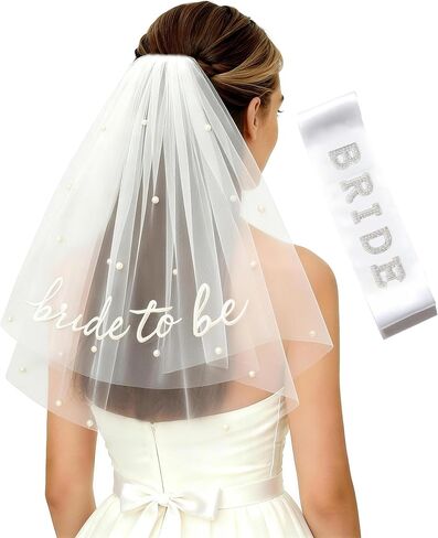 Bride To Be Sash and Veil White for Bachelorette Party Embroidered Pearl 2 Tier Veil and BRIDE Pearl Sash Set in Saudi Arabia