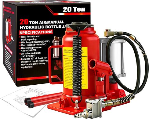 Air Hydraulic Bottle Jack with Color Box, 20 Ton (40,000 lbs) Cap Welded Pneumatic Bottle Jack, 10-1/4-20 inch Lifting Range, Manual Handle and Air Pump, for Car, Pickup, Truck, RV, Auto Repair in Saudi Arabia