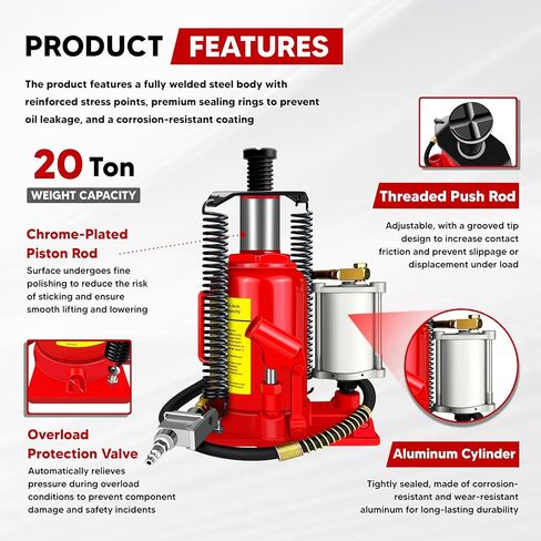 Air Hydraulic Bottle Jack with Color Box, 20 Ton (40,000 lbs) Cap Welded Pneumatic Bottle Jack, 10-1/4-20 inch Lifting Range, Manual Handle and Air Pump, for Car, Pickup, Truck, RV, Auto Repair in Saudi Arabia