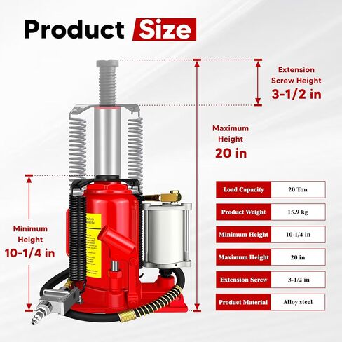 Air Hydraulic Bottle Jack with Color Box, 20 Ton (40,000 lbs) Cap Welded Pneumatic Bottle Jack, 10-1/4-20 inch Lifting Range, Manual Handle and Air Pump, for Car, Pickup, Truck, RV, Auto Repair in Saudi Arabia
