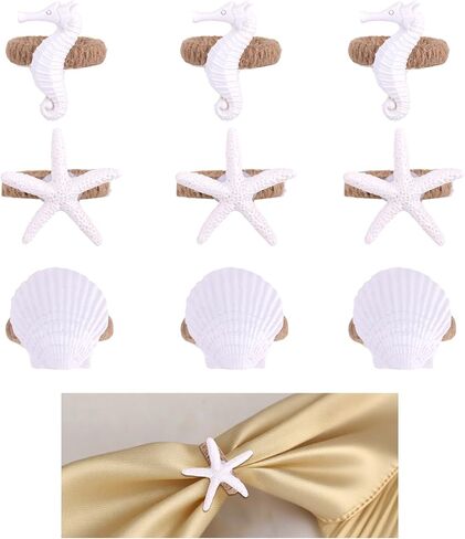 9pcs Coastal Napkin Rings, White Starfish Seashell Seahorse Napkin Buckle Beach Serviette Buckles for Coastal Wedding Crafts Banquet Holiday Decoration in Saudi Arabia