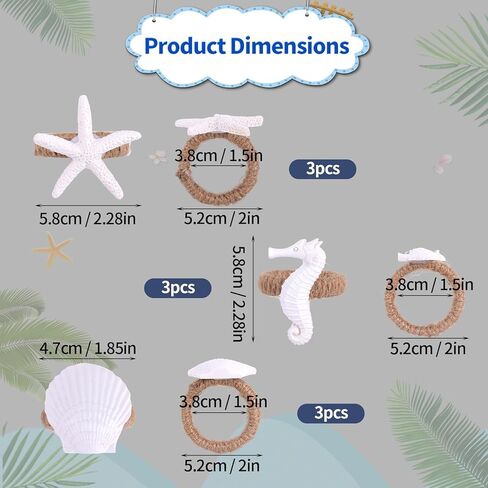 9pcs Coastal Napkin Rings, White Starfish Seashell Seahorse Napkin Buckle Beach Serviette Buckles for Coastal Wedding Crafts Banquet Holiday Decoration in Saudi Arabia