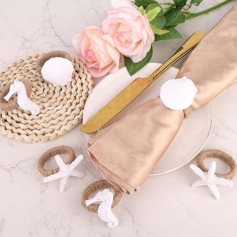9pcs Coastal Napkin Rings, White Starfish Seashell Seahorse Napkin Buckle Beach Serviette Buckles for Coastal Wedding Crafts Banquet Holiday Decoration in Saudi Arabia