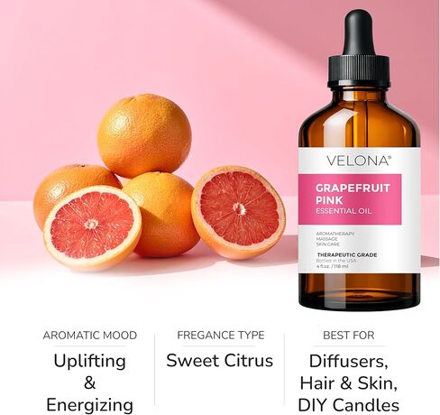 Grapefruit Pink Essential Oil by Velona - 4 Fl Oz | Therapeutic Grade | for Aromatherapy Diffuser, Massage, Skincare, Haircare, Soapmaking | Undiluted in Glass Bottle in Saudi Arabia