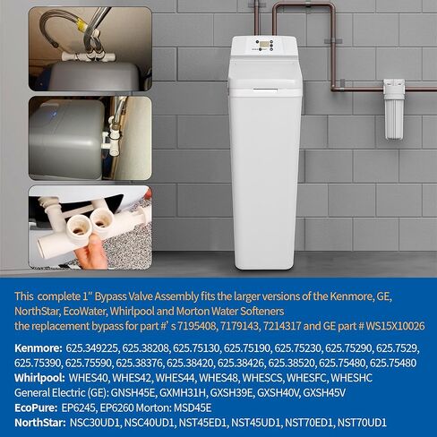 7345396 - High Flow 1" Water Softener Bypass Valve Kit with 2 Adapters, 4 Clips, 4 O-rings, and 8 Gaskets, for 8 Screw Caps, Compatible with Whirlpool/Kenmore/GE/EcoPure/Morton/NorthStar Models in Saudi Arabia