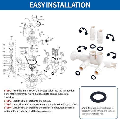 7345396 - High Flow 1" Water Softener Bypass Valve Kit with 2 Adapters, 4 Clips, 4 O-rings, and 8 Gaskets, for 8 Screw Caps, Compatible with Whirlpool/Kenmore/GE/EcoPure/Morton/NorthStar Models in Saudi Arabia