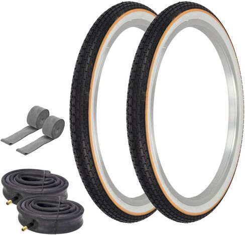 زوج من الإطارات OG Lowrider مقاس 20 بوصة × 1.75 بوصة G-5009 جدار جانبي أسود/أبيض مع إطارات مداس من الطوب بخط أصفر مع أنابيب شديدة التحمل وشرائط حافة in Kuwait