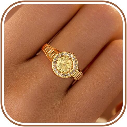 LOVECOM 14k Gold Plated Watch Clock Finger Rings for Women 925 Sterling Silver Watches Adjustable Knuckle Ring Statement Stacking Eternity Ring Jewelry Birthday Gifts for Mom Daughter Friends in Saudi Arabia