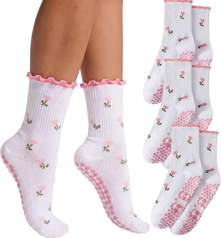 Coume 3 Pairs Crew Half Calf Grip Socks, Women Cute Pilates Socks Ruffle Non Slip with Embroidery for Yoga Pilates Fitness in Saudi Arabia