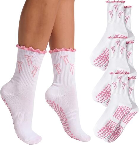 Coume 3 Pairs Crew Half Calf Grip Socks, Women Cute Pilates Socks Ruffle Non Slip with Embroidery for Yoga Pilates Fitness in Saudi Arabia