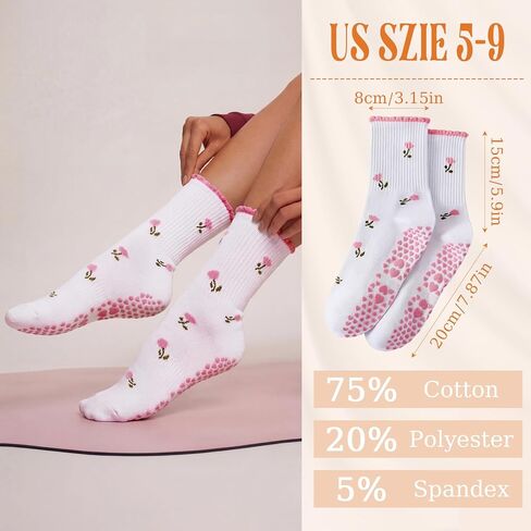Coume 3 Pairs Crew Half Calf Grip Socks, Women Cute Pilates Socks Ruffle Non Slip with Embroidery for Yoga Pilates Fitness in Saudi Arabia