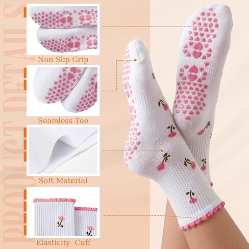 Coume 3 Pairs Crew Half Calf Grip Socks, Women Cute Pilates Socks Ruffle Non Slip with Embroidery for Yoga Pilates Fitness in Saudi Arabia