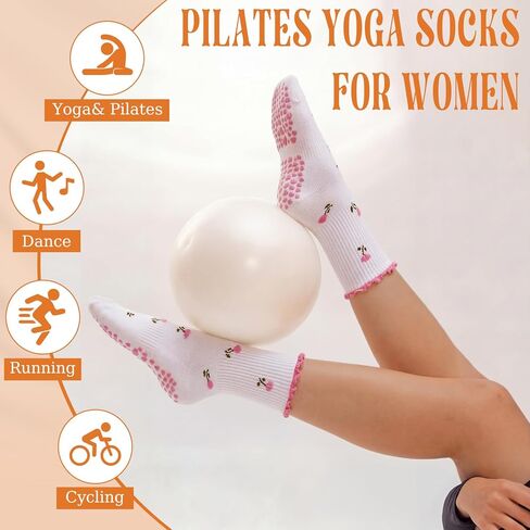 Coume 3 Pairs Crew Half Calf Grip Socks, Women Cute Pilates Socks Ruffle Non Slip with Embroidery for Yoga Pilates Fitness in Saudi Arabia