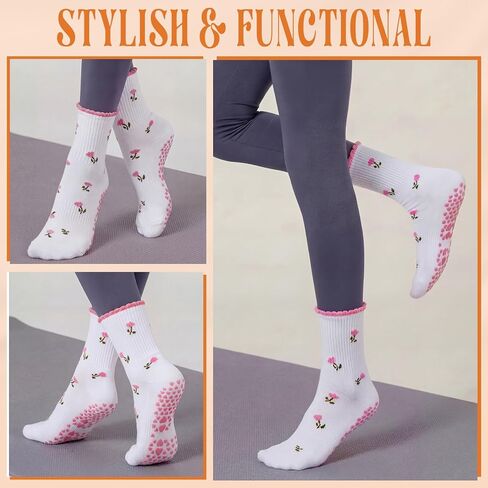 Coume 3 Pairs Crew Half Calf Grip Socks, Women Cute Pilates Socks Ruffle Non Slip with Embroidery for Yoga Pilates Fitness in Saudi Arabia