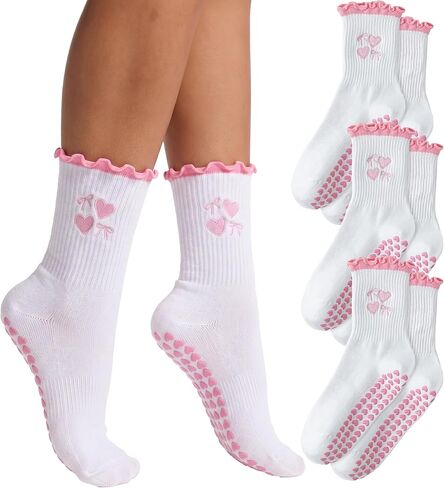 Coume 3 Pairs Crew Half Calf Grip Socks, Women Cute Pilates Socks Ruffle Non Slip with Embroidery for Yoga Pilates Fitness in Saudi Arabia
