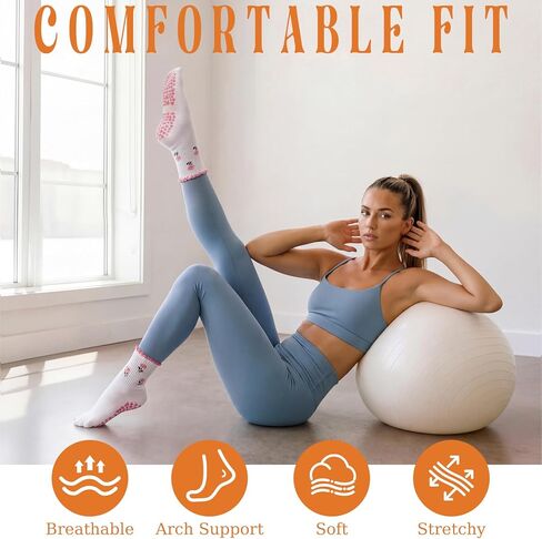 Coume 3 Pairs Crew Half Calf Grip Socks, Women Cute Pilates Socks Ruffle Non Slip with Embroidery for Yoga Pilates Fitness in Saudi Arabia