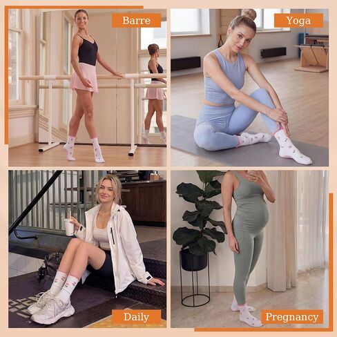 Coume 3 Pairs Crew Half Calf Grip Socks, Women Cute Pilates Socks Ruffle Non Slip with Embroidery for Yoga Pilates Fitness in Saudi Arabia
