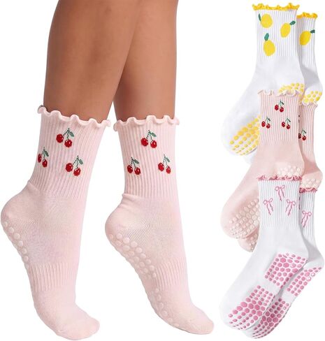 Coume 3 Pairs Crew Half Calf Grip Socks, Women Cute Pilates Socks Ruffle Non Slip with Embroidery for Yoga Pilates Fitness in Saudi Arabia