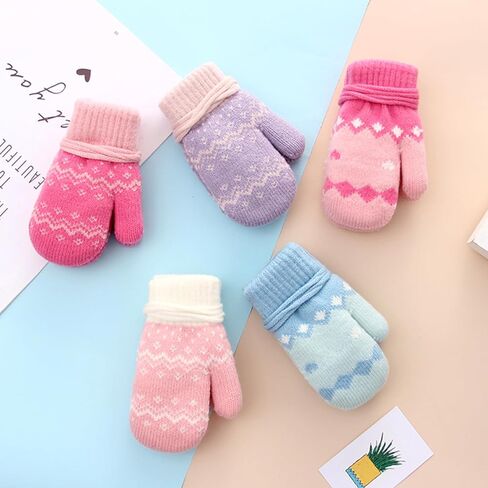 Kids Winter Knit Mittens for Baby Toddler Boys Girls Sherpa Lined Warm Gloves Thick Thermal Gloves with String in Saudi Arabia