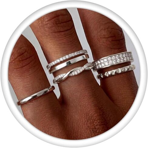 Non Tarnish Gold Silver Stackable Rings for Women - 14K Gold Plated Waterproof Stacking Thin Chunky Bands Cubic Zirconia Thumb Ring Set 2-4mm Trendy Statement Promise Engagement Rings Size 5-10 in Saudi Arabia