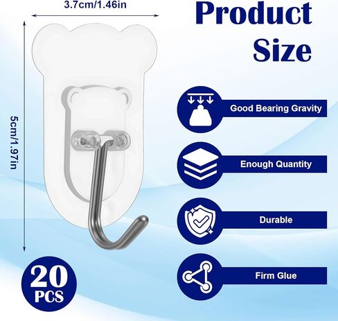 20Pcs Heavy Duty Adhesive Hooks, 5 kg/11 lbs Max Load, Sticky Wall Hooks for Hanging Towels, Coats, Keys, Transparent Waterproof No-Damage Wall Hook for Bathroom, Kitchen, Office & Home Decor in Saudi Arabia